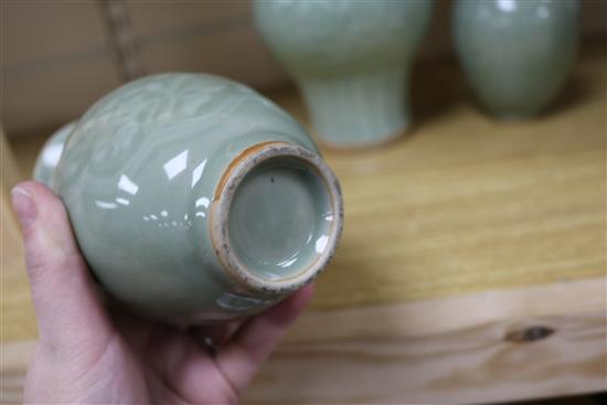 A Chinese celadon glazed vase, 23cm, a pair of vases and a dish